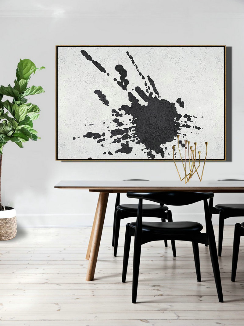 Large Living Room Decor,Oversized Horizontal Minimalist Splash Art On Canvas, Black And White Minimalist Painting - Modern Art Abstract Painting